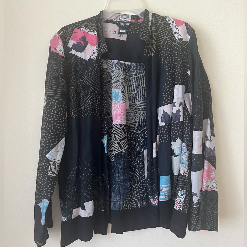 Citron Santa Monica Silk Linen Open Front Printed Cardigan Black Multicolor XL